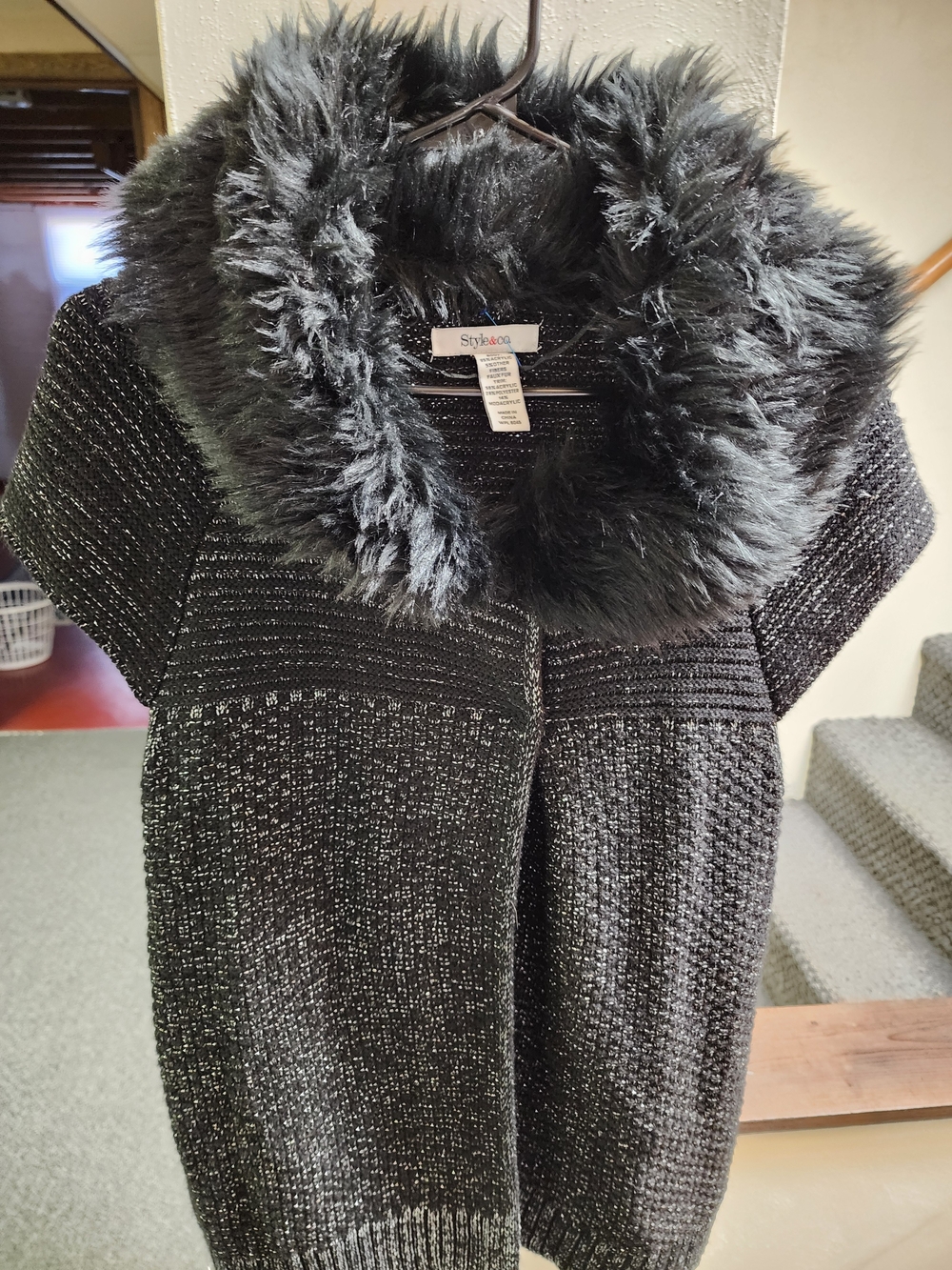 Style & Co Black Faux-Fur Collar Knit Sweater Sz M